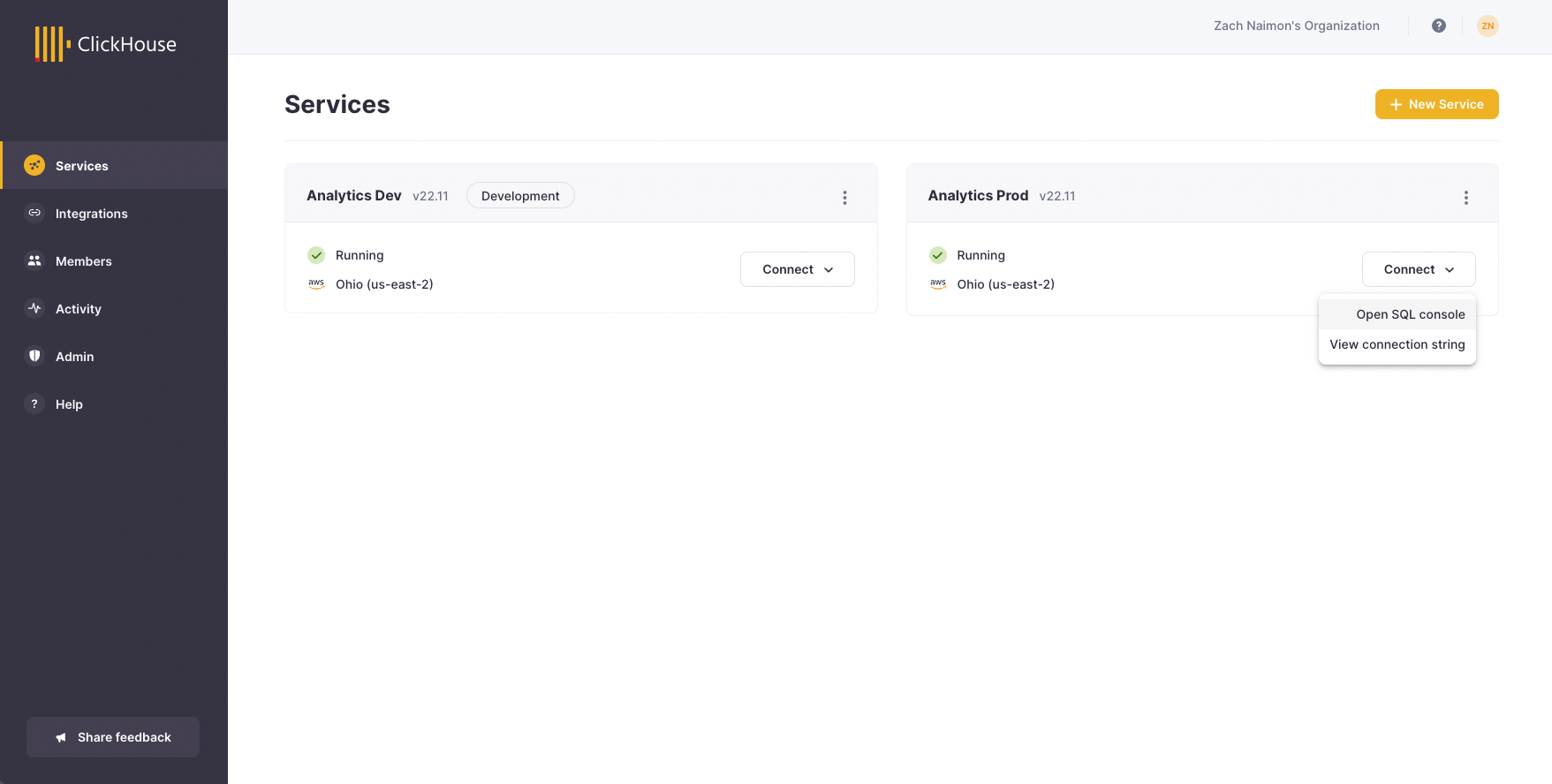 Open the SQL console from a service